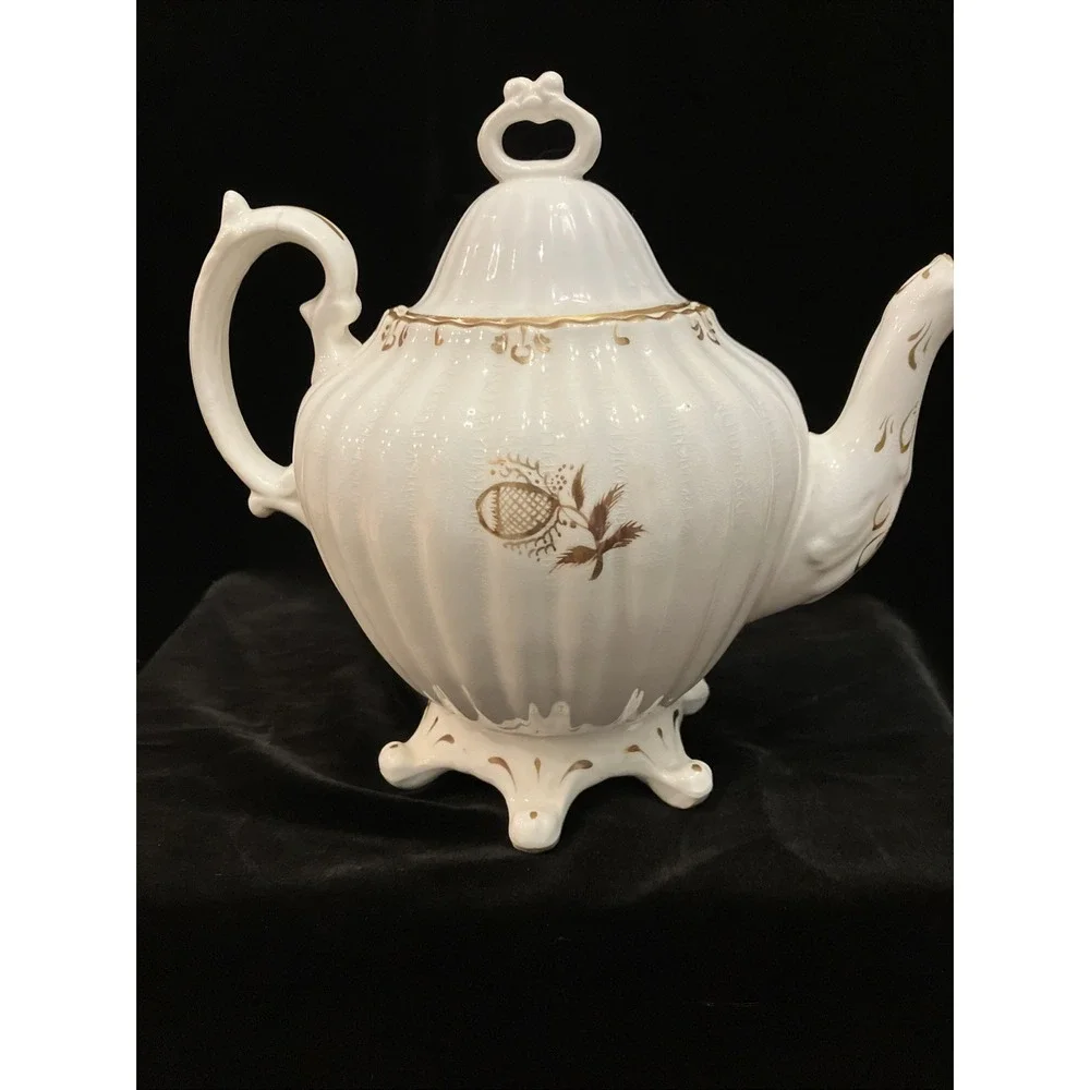 Antique Staffordshire England 6 Footed Porcelain & Stoneware Teapot White Gold